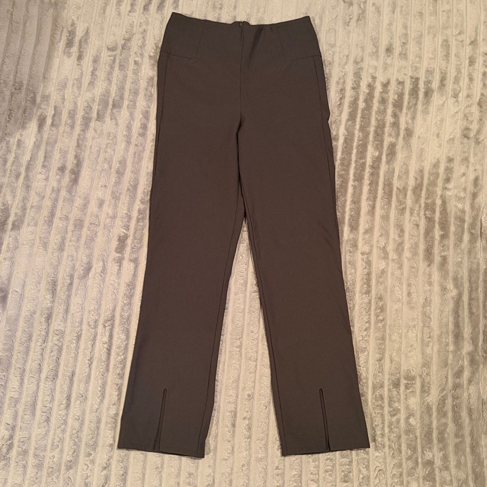 Athleta Stellar Straight Leg Pants Gray High Rise Front Slit Back Zip Size 4